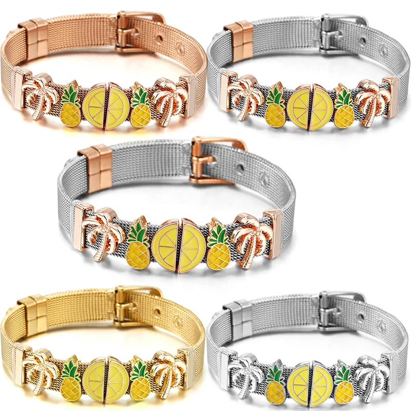 High Quality  10mm Fruit Series Pineapple Beads Charm Bracelets DIY Stainless Steel Mesh Keeper Bracelets Mujer For Women Men