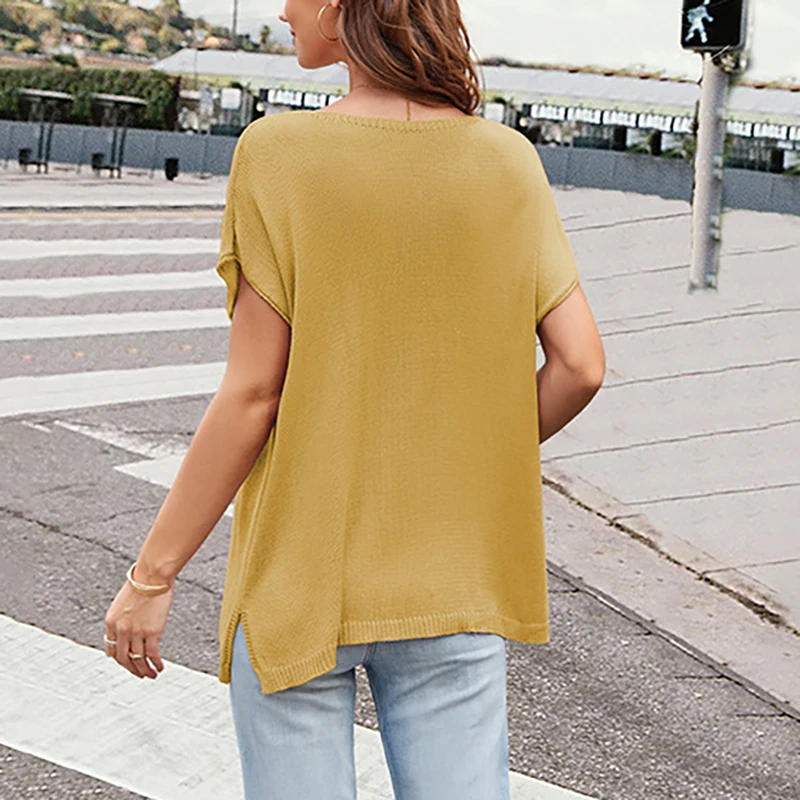 2024 Summer New V-neck Loose Casual Women's Pullover Top Fashion Elegant Short-sleeved Knitwear Tees Office Lady Pullovers Tops