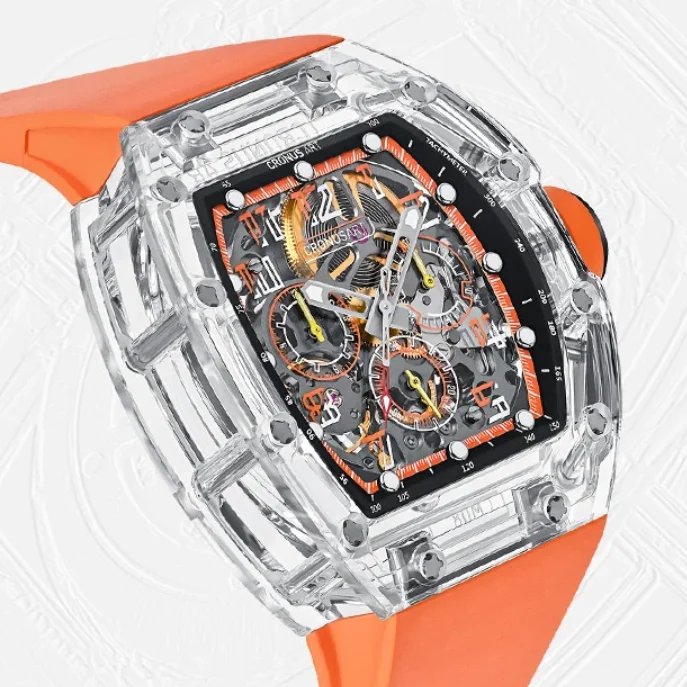 CRONUSART Men Chronograph Watch Tonneau Automatic Mechanical Wristwatch Sapphire Case & Mirror Luminous FKM Strap Skeleton Dial