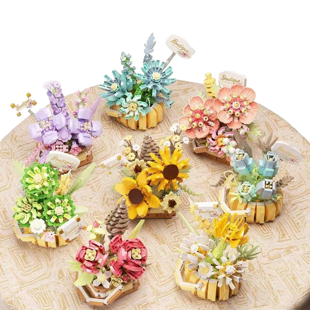 

8pcs/set Mini Potted Basket Flower Micro Building Blocks Rose Sunflower Plant Bouquet Bricks Decoration Toys For Children Adults