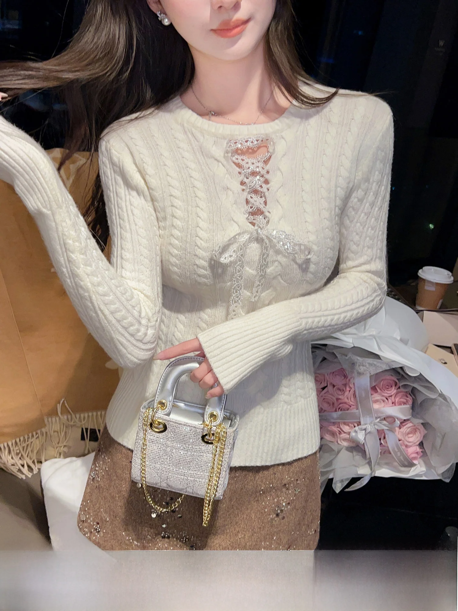 

iny Sequin Cross Tie Sweater Women's Slim Fit Faionable Top Moon Night Sonata French Sle Thi Long Sve Knittedwear