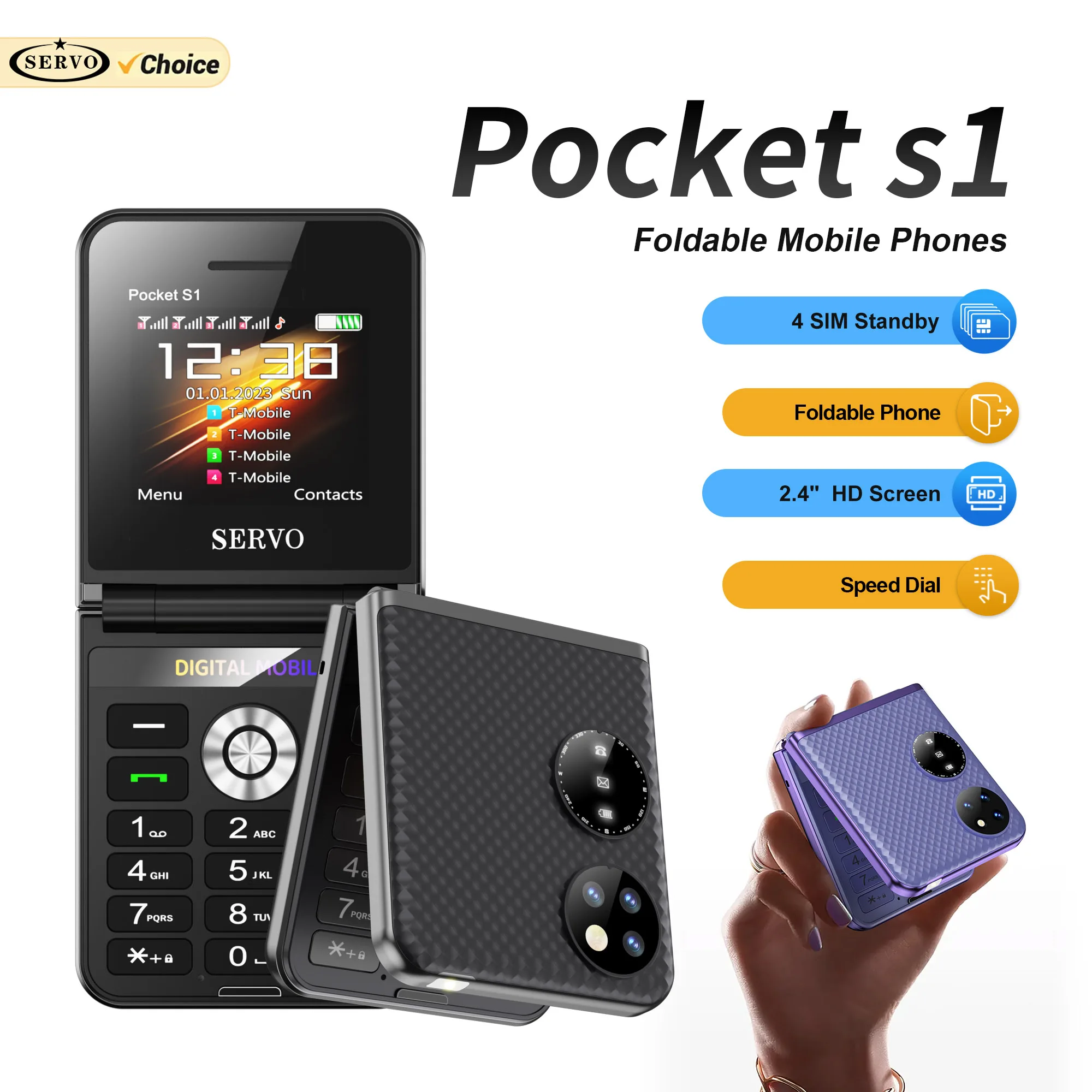 SERVO Pocket S1 4 SIM Standby Flip Mobile Phone Call Recording Flashlight Speed Dial Magic Voice Blacklist 2G Foldable Cellphone