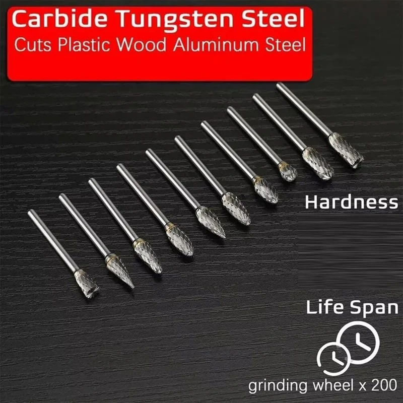 A23T 10Pcs Carbide Burr Set Rotary File Rasp Bits for Dremel Wood Metal Carving Engraving Polishing Tool Accessories