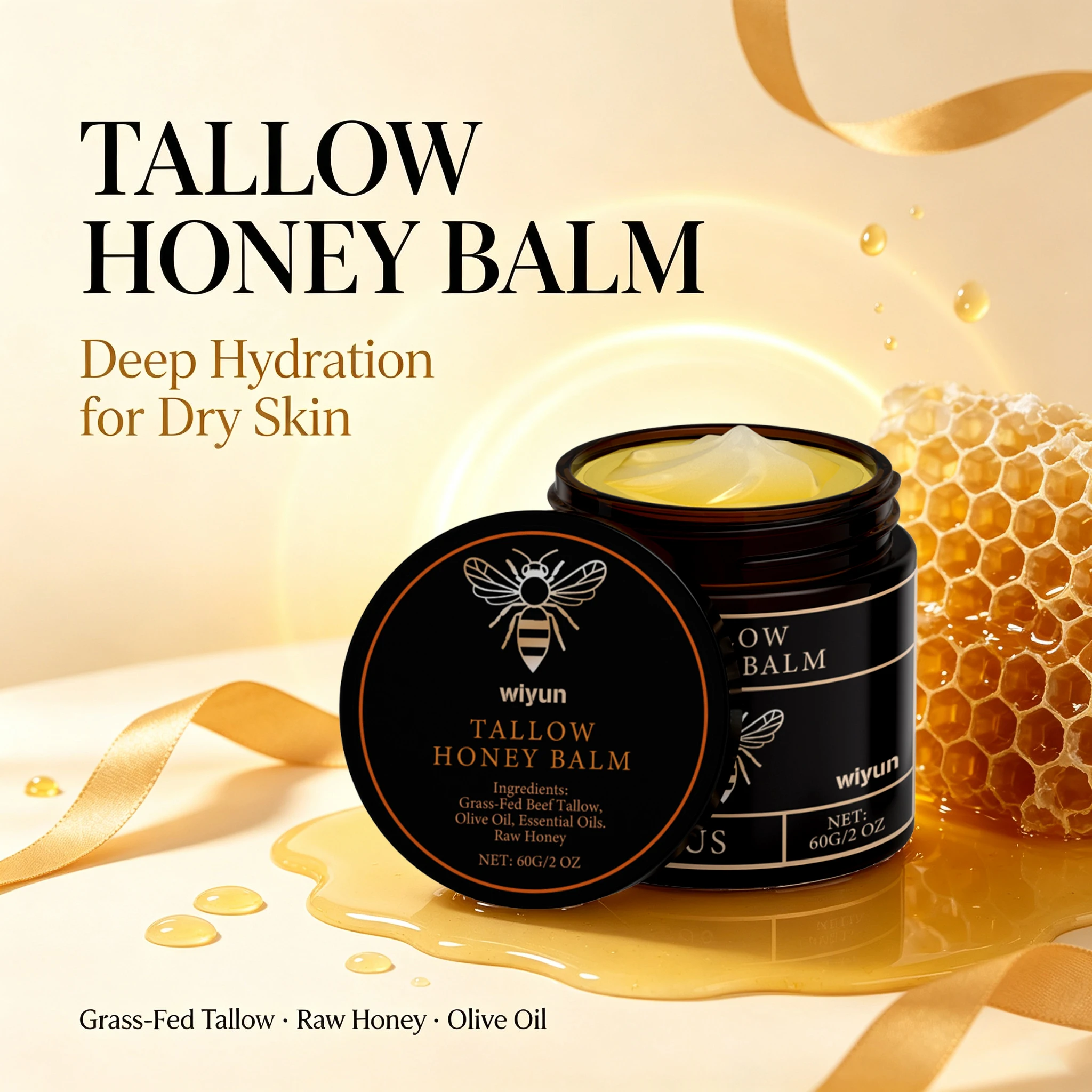3PCS Grass-Fed Beef Tallow Raw Honey Face Body Cream Whipped Organic Tallow Butter Skin Body Balm For Dry Skin Barrier Repair