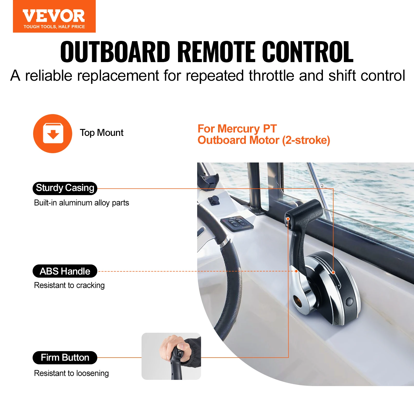 VEVOR Boat Throttle Control 8M0059686 Top-Mounted Outboard Remote Control Box for Mercury PT 2-Stroke, with Power Trim Switch