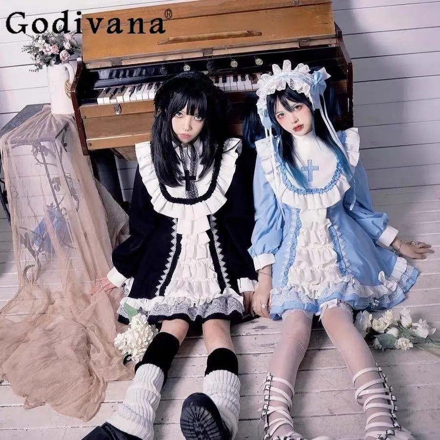 Japanese Gothic Lolita OP Dress Women Victorian Cross Embroidery Ruffles Cosplay Witch Maid Dresses Girls Sweet Party Dresses