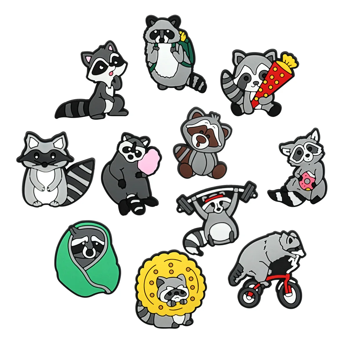 Cute Cartoon Raccoon Clog Shoe Charms Set Soft PVC Removable Shoe Decorations, Colorful DIY Hole Shoe Ornaments Accessories