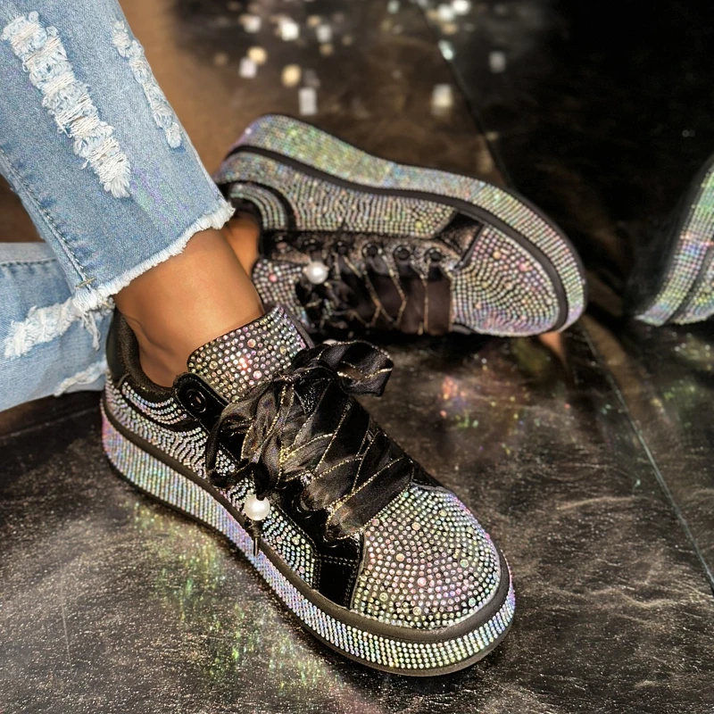 

High Appearance Level Thick-soled Lace-up Rhinestone Fashionable, Versatile, Comfortable, Anti-slip and Breathable Women's Shoes
