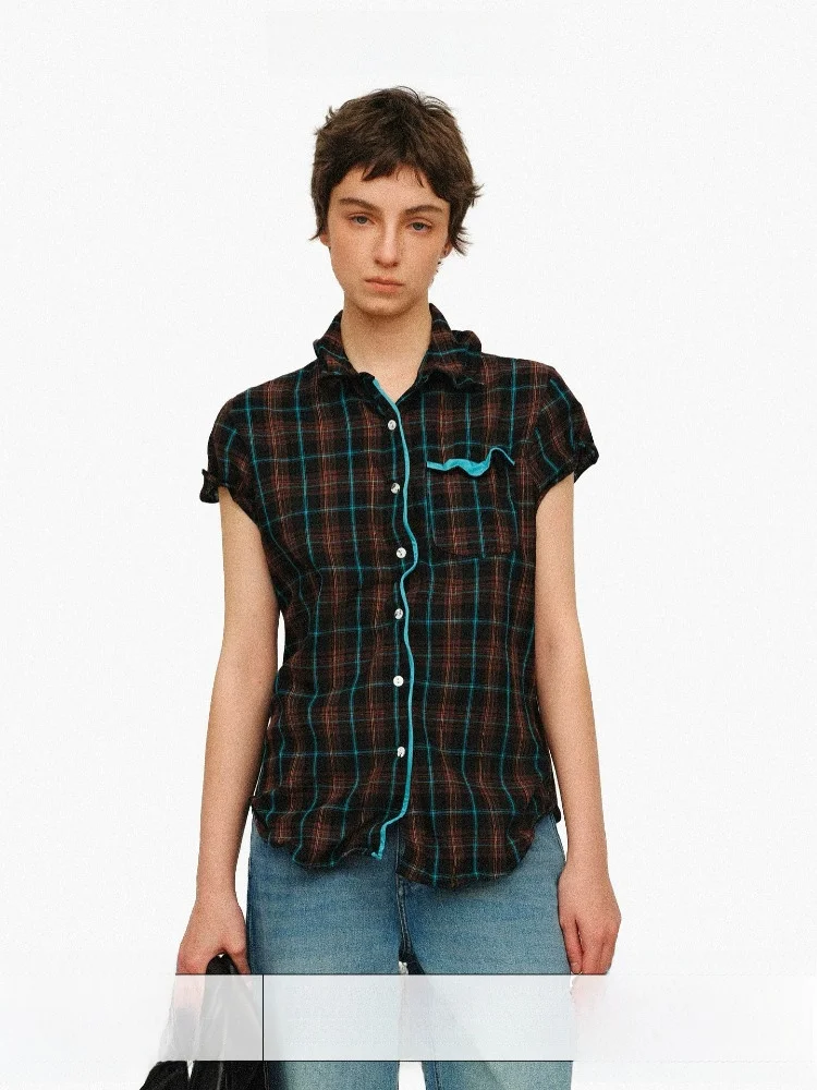 

Breathable Cotton Shirt Age of Ascent Women's Fashionable Plaid Contrast Color Shirt Flexible Fit Short Sleeve Business Casual