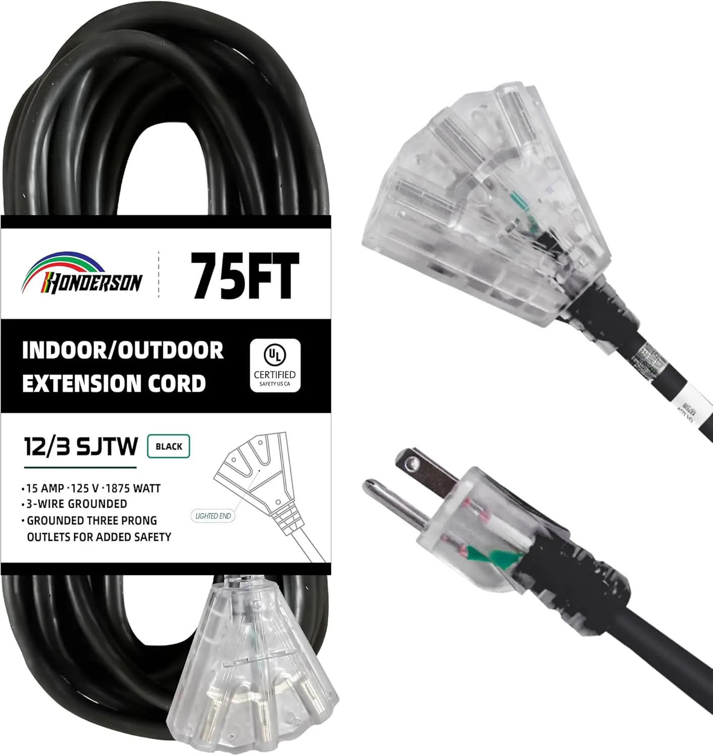 

3-Outlets Indoor Outdoor Extension Cord Weatherproof with Lighted End, UL Certified, 12 Gauge 75FT Black 3 Prong Heavy Duty