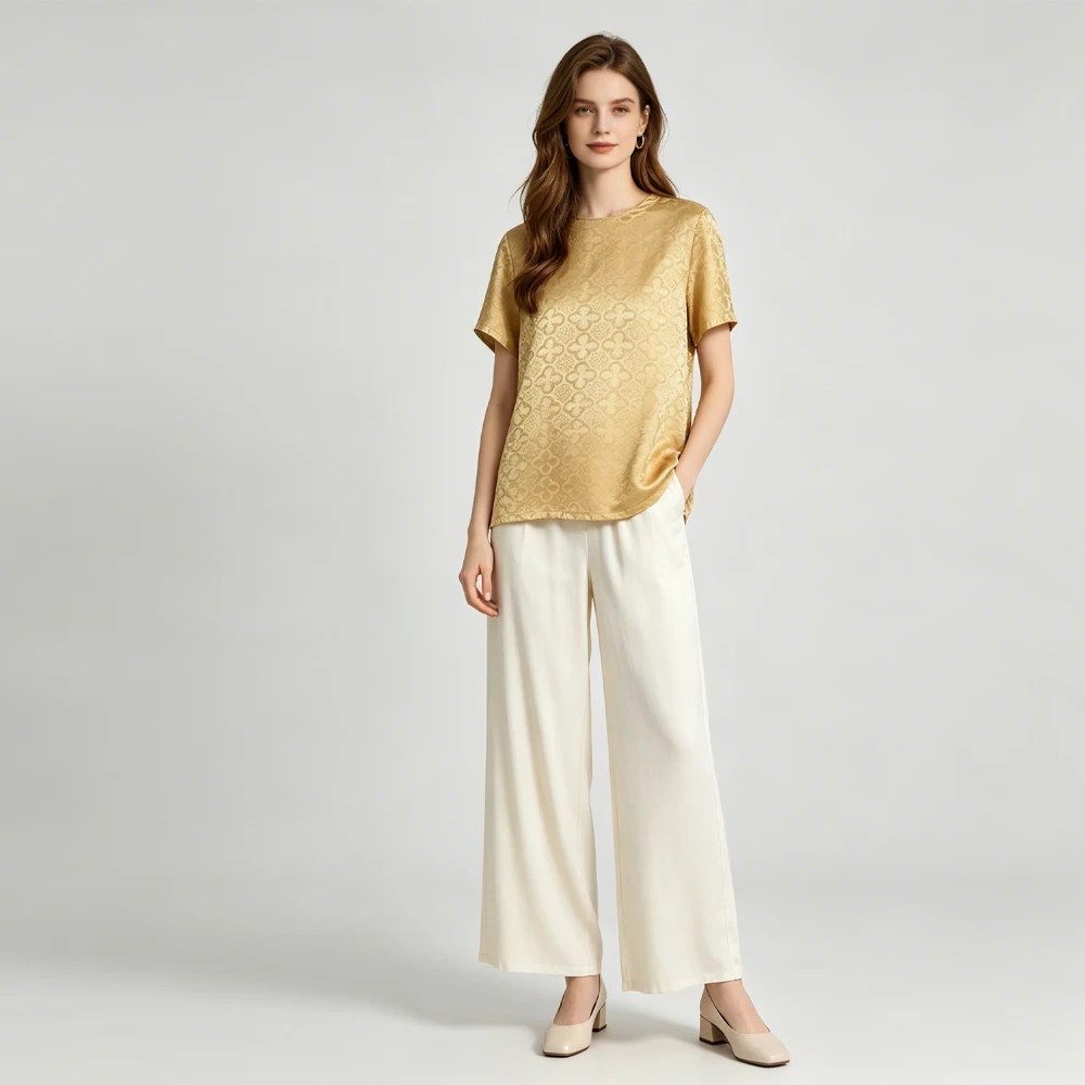 2026 Women's Fashion Summer New Yellow Clover Printed 100% Natural Mulberry Silk Satin Round Neck Short Sleeve T-shirt