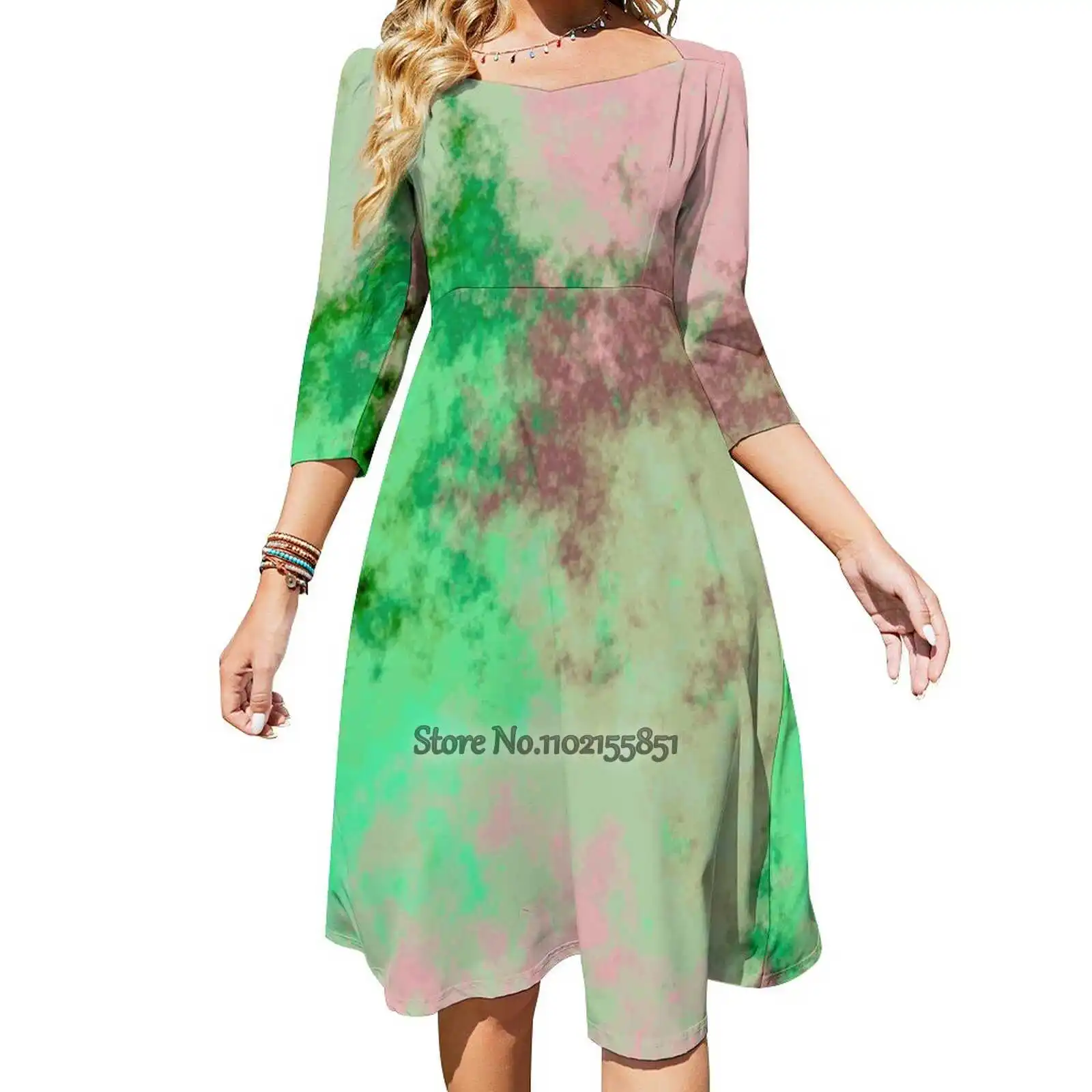 Green And Pink Abstract Back Lacing Backless Dress Square Neck New Plus Size Elegant Women Dress Green Pink Peach Abstract