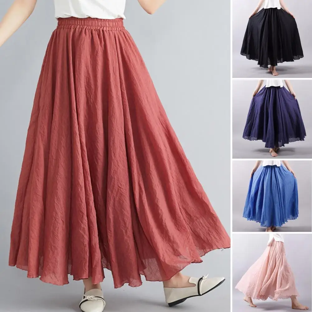 

Women Elastic Waist Maxi Skirts Elegant Pleated Overskirts 2025 Autumn A-Line Big Swing Casual Belt Office Work Bottoms ﻿