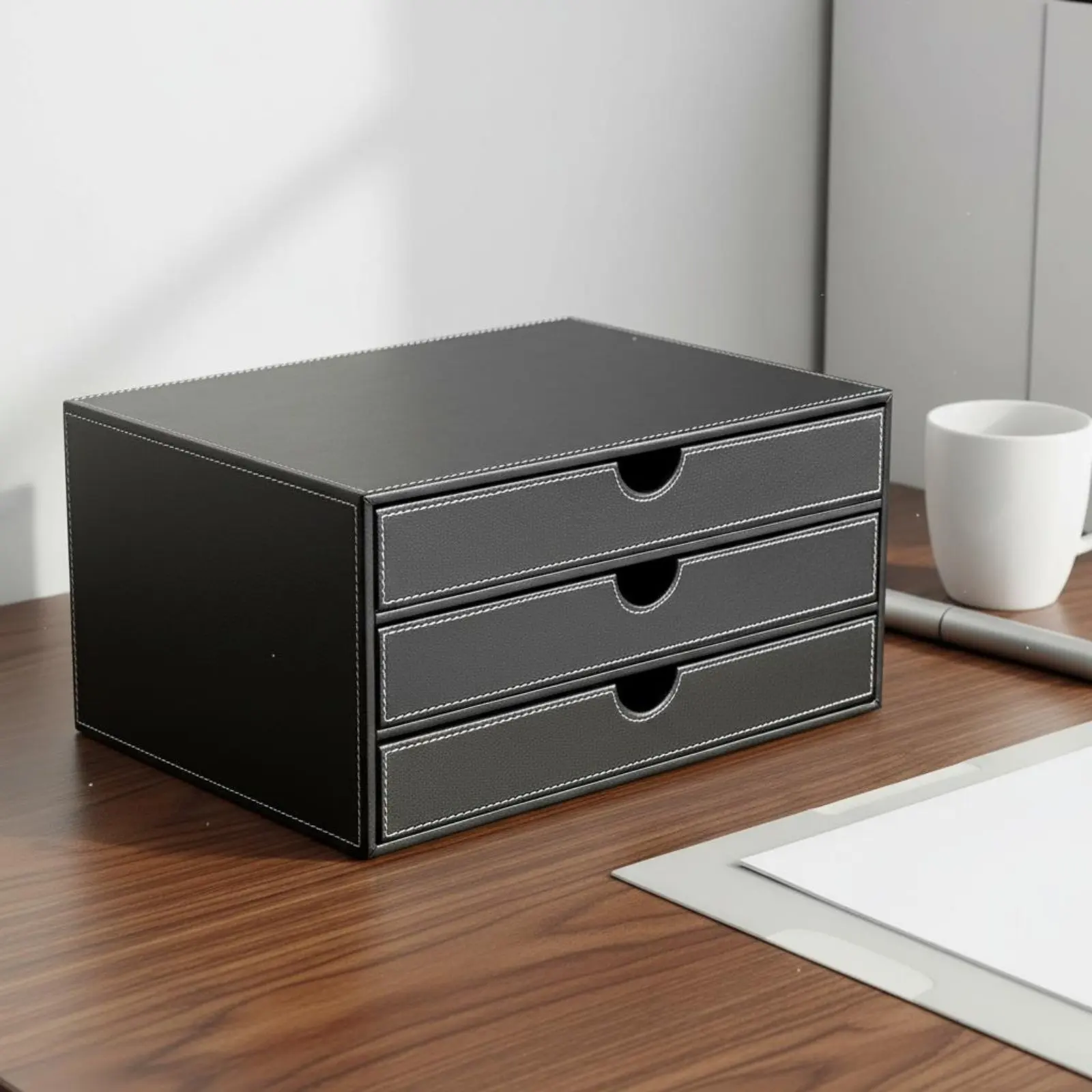 Leather Desk Organizer Box Space Saving Desktop Document Drawer Single A4 File Organizer Stitch Stitching Storage Furniture