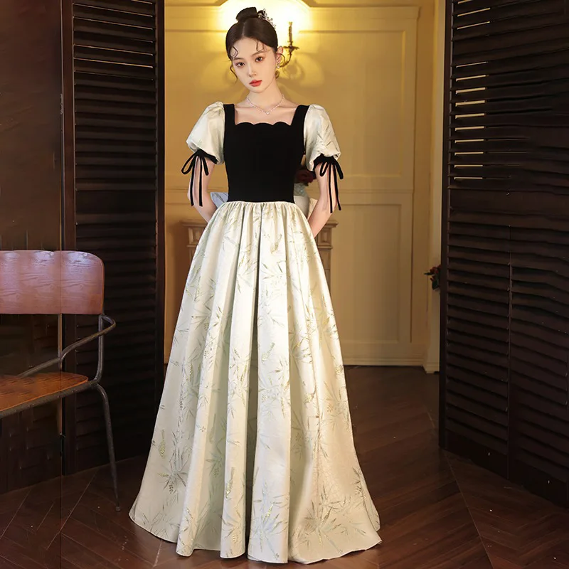 

French Style Banquet Evening Dress Women Big Bow Puff Sleeves A-line Patchwork Quinceanera Dress Simple Elegant Graduation Gown