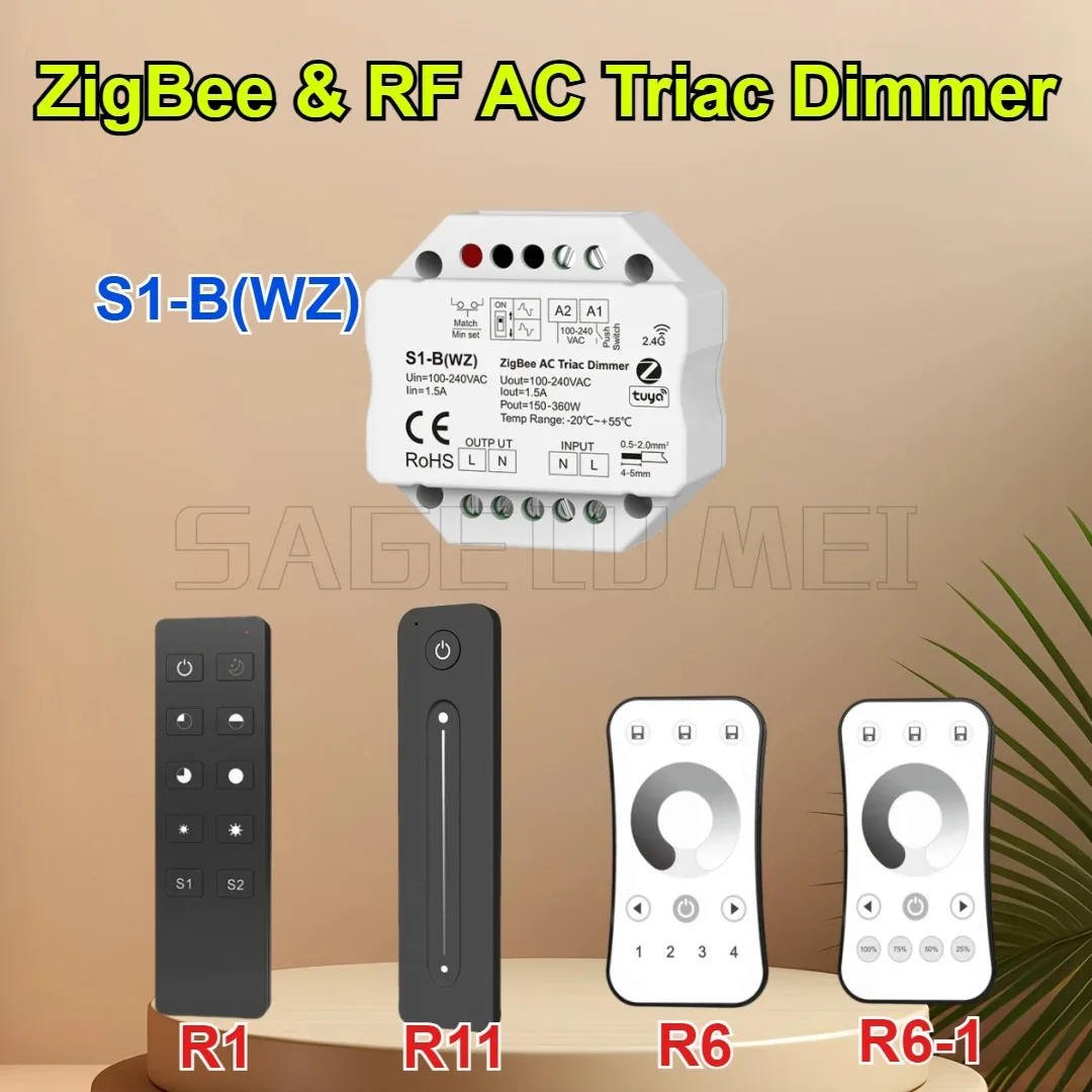 

ZigBee3.0 & RF AC Triac Dimmer S1-B(WZ) Tuya App AC100~240V 1CH*1.5A RF 2.4G Wireless Remote Control Smart Push Switch Dimmer R1