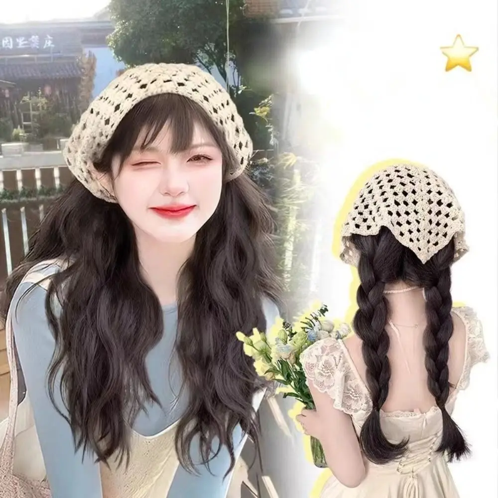 

Fashion 65CM Wig Triangle Headscarf Knitted Hollow Women's Curly Hair Farmhouse Style Hot Sale Long Straight Hair