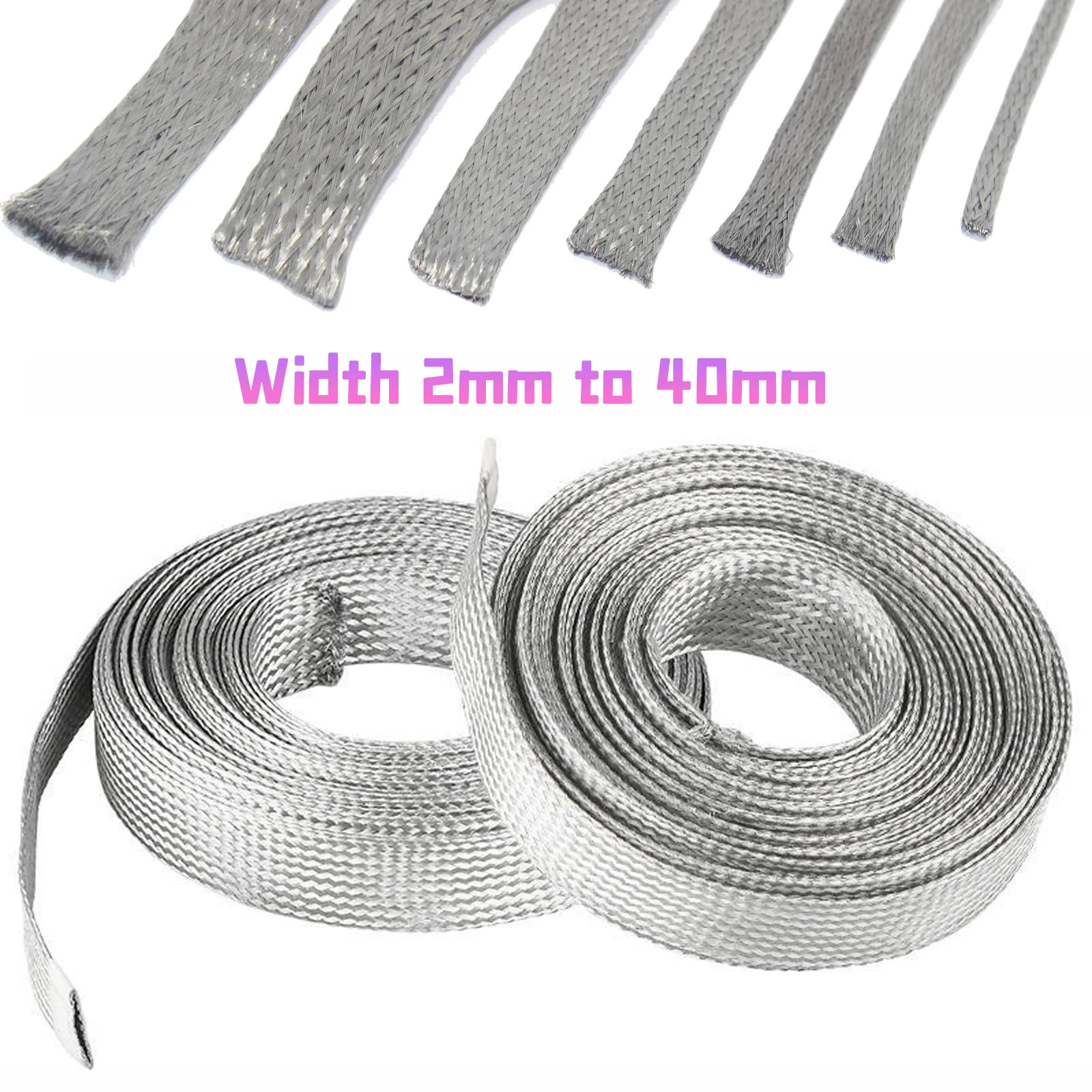 Braided Ground Strap Tinned Copper Flat Sleeving Expandable Metal Sheath Screening Signal Wire Cable Shielded 2mm To 40mm