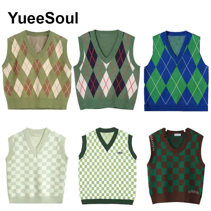 Green Knit Vest Printed Sleeveless Pullover Oversized Women Sweater Vest 2024 New Y2K Vintage Knitwear Women\'s Autumn Clothing