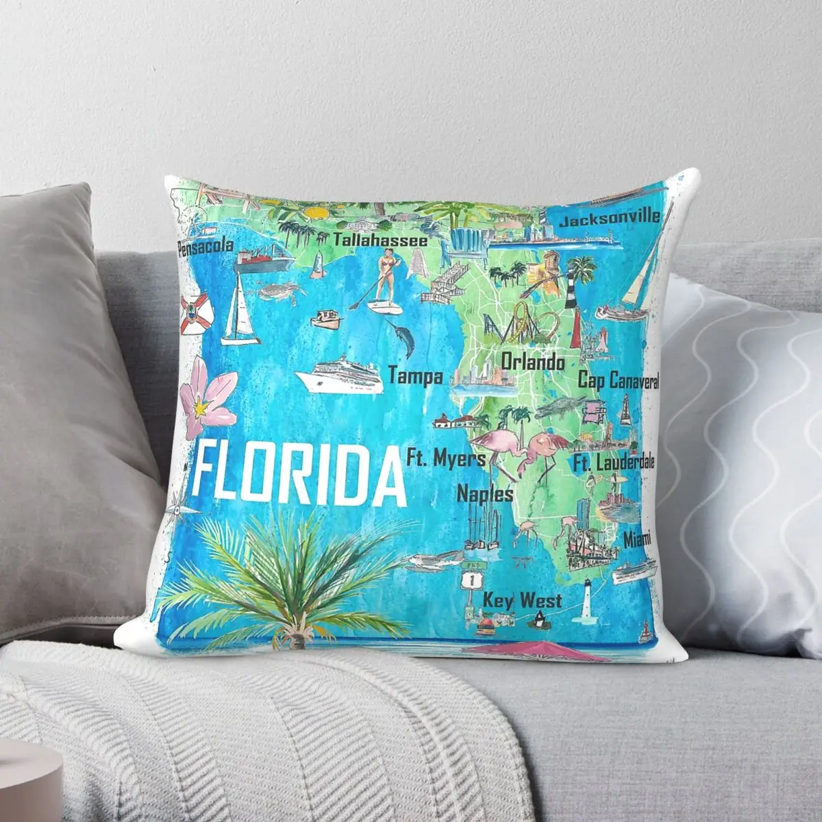 Florida Map Roads Tourist Highlights Pillowcase Polyester Linen Velvet Pattern Zip Decor Throw Pillow Case Car Cushion Cover