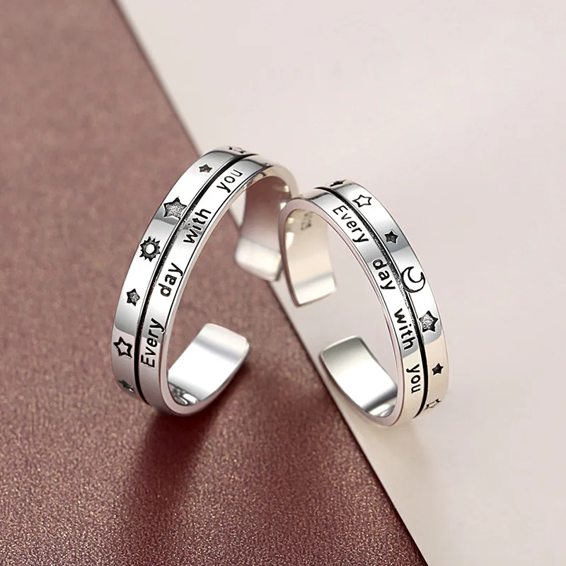 Anillos de plata de ley 925 auténtica, estrella de la Luna, todos los días con usted, anillo abierto Ajustable para amantes, regalo de joyería para fiesta de boda