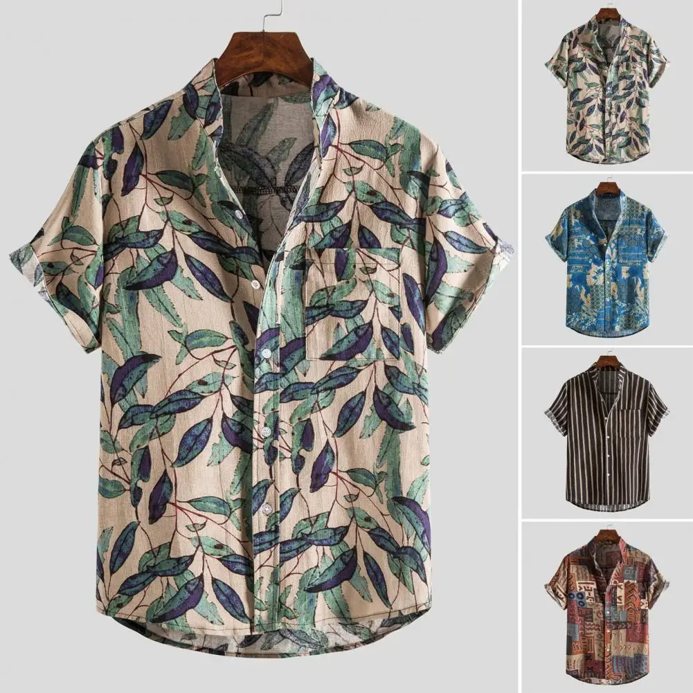 

Men Striped Print Shirt Men's Stand Collar Striped Shirt Summer Top with Soft Breathable Fabric Single-breasted Design for Wear