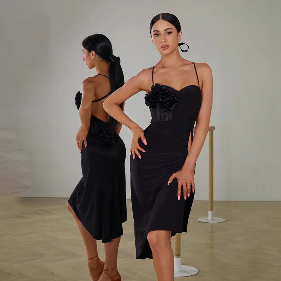 여성 퍼포먼스 벨리 모던 댄스 드레스 백리스 슬리브리스 플라워 라틴 댄스 드레스