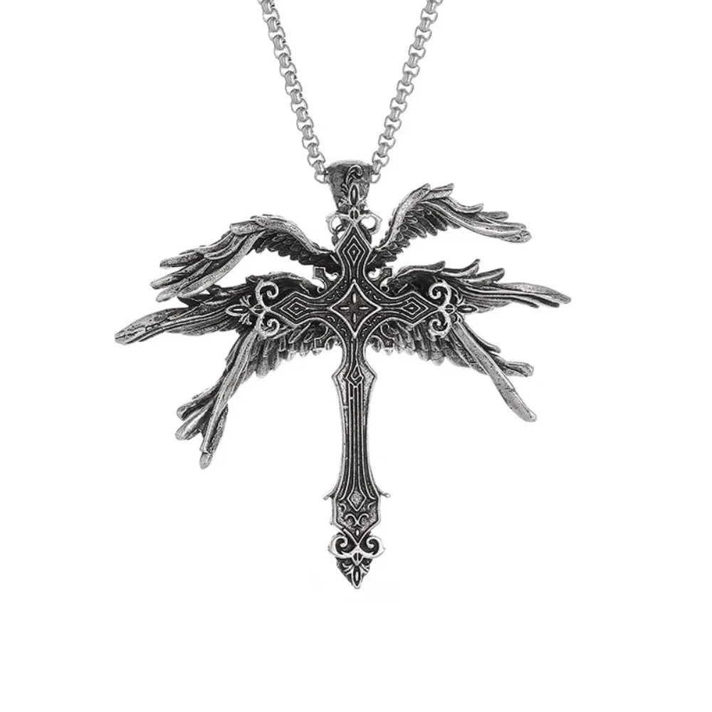 Retro Gothic Jesus Flügel Kreuz Anhänger Halskette Schmuck für Männer Frauen Große Vintage Dark Punk Religiöse Amulett Halsketten Geschenke – Detail 2
