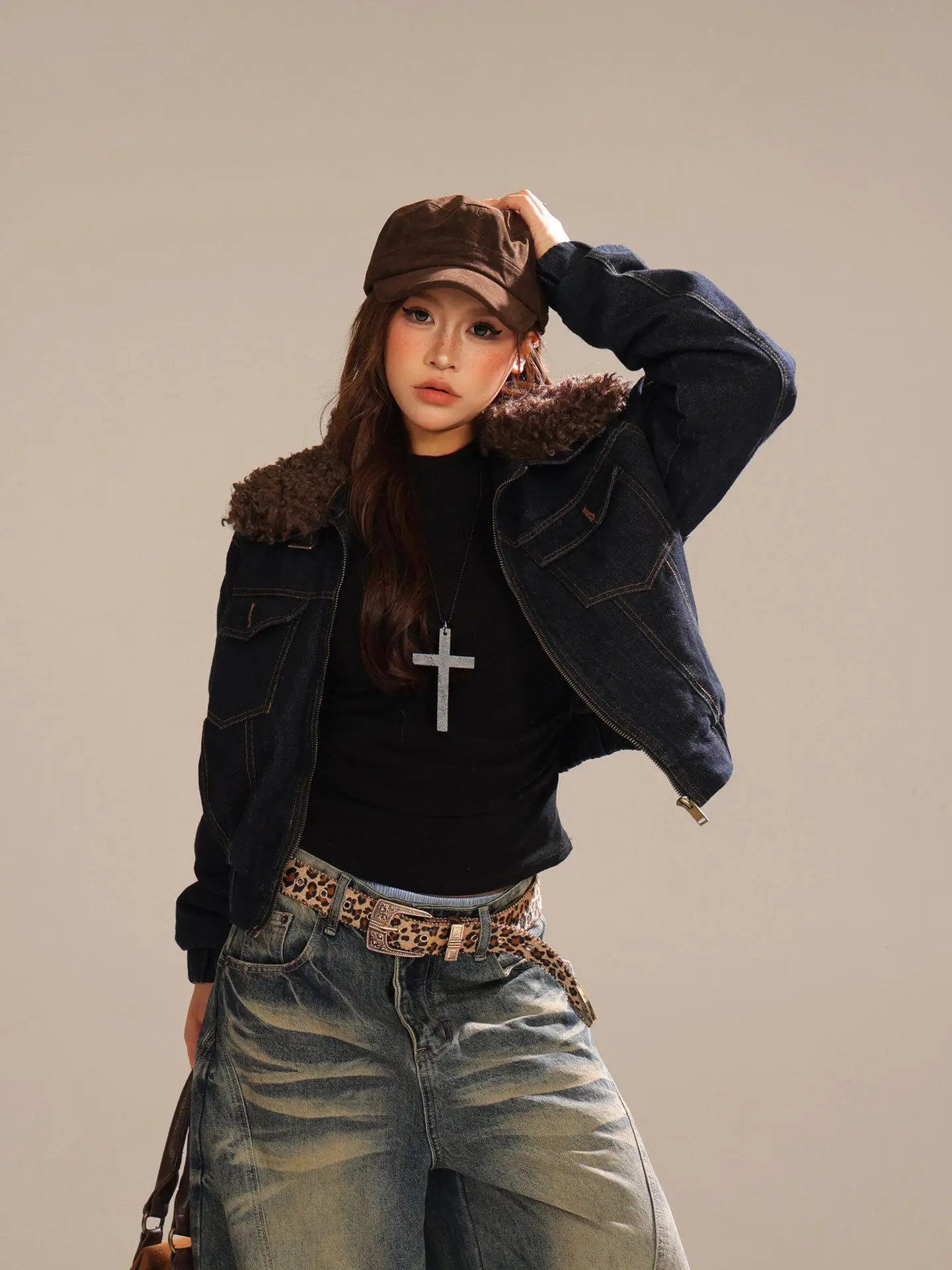 

Голубая женская джинсовая куртка American Cool Sle с меховым воротником, свободное пальто на хлопковой подкладке на осень-зиму