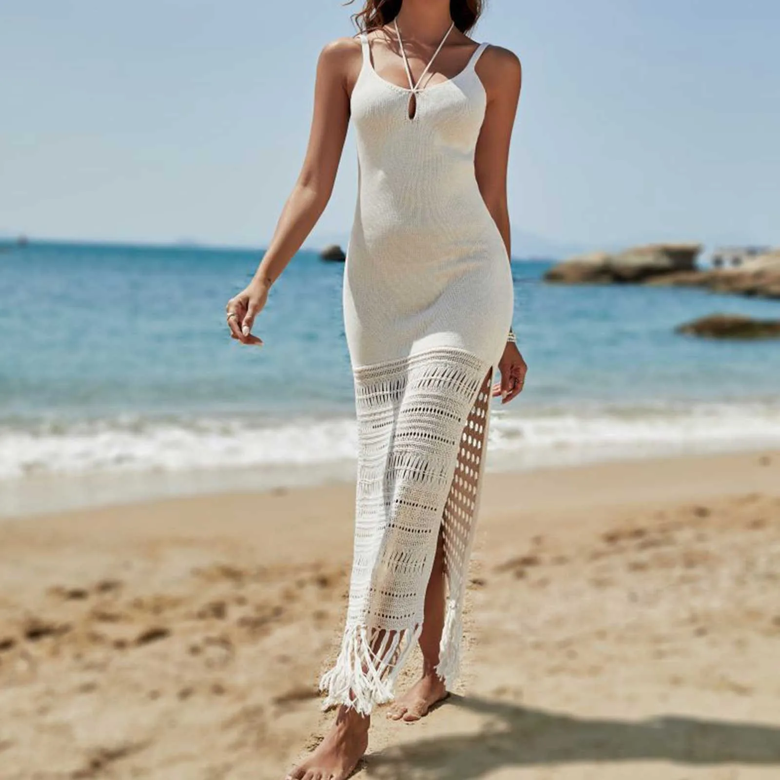 Mode gestrickt Quaste Strand kleid Robe Femme langes Kleid Spaghetti träger hoch geteilte Vertuschungen Strand Sonnencreme Frauen Vertuschung