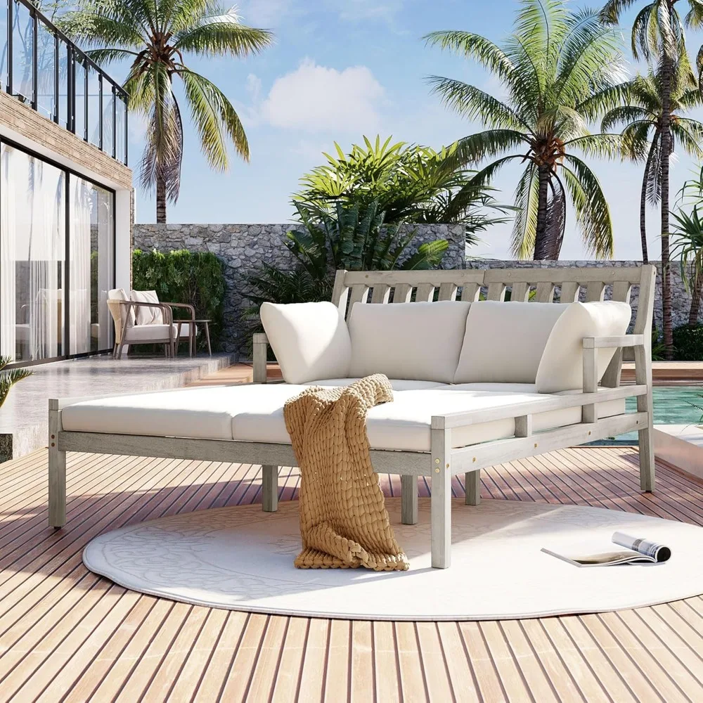 

Farmhouse Wood Daybed Set - 4 Pillows & Curved Arms Outdoor Sofa Bed, Teak Poolside Lounger for Backyard/Garden (Gray+Beige)