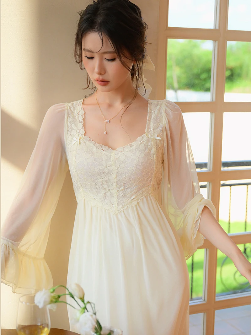 Women Summer French Sexy Pajama Night Dress Princess Sleepwear Vintage Sweet Fairy Mesh Long Home Dress Victorian Nightgowns