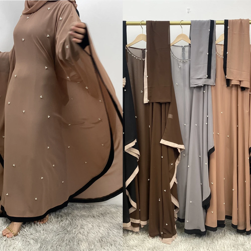 Ramadan Muslim Abaya +headscarf Women 2 Piece Set Abayas Morocco Pearl Dress 2024 Islamic Vestido Cardigan Kaftan Arabic Elbise