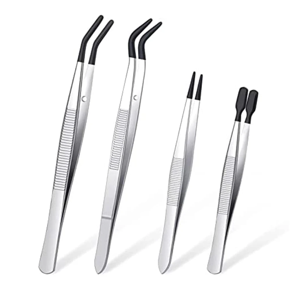 

4 Pieces Tweezers Set with Rubber Tips Tweezers PVC Coated Tweezers, Rubber Fine Point Tweezers Rubber Flat Tip Tweezer