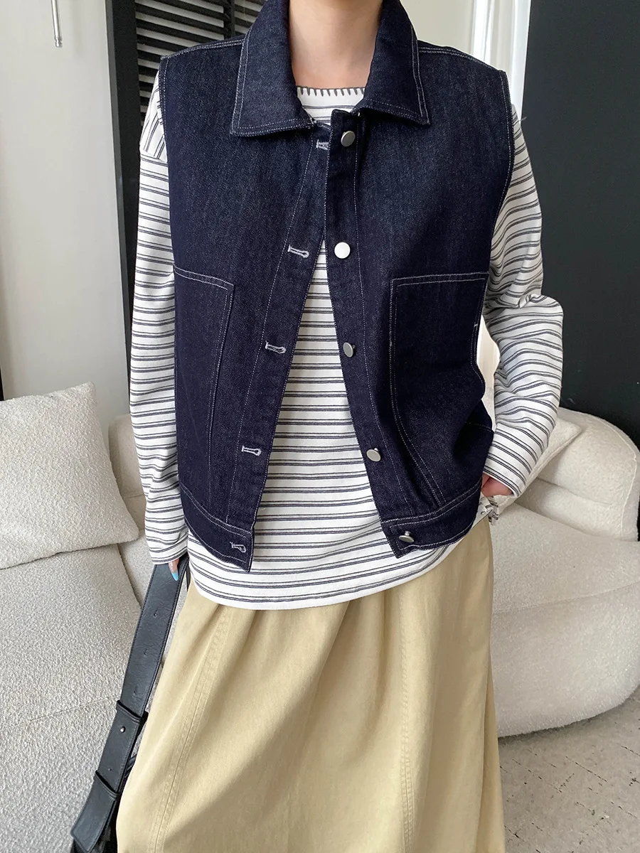 Autumn women's casual solid color retro bright stitching layered denim vest