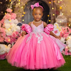 Pink Little Girls Birthday Dress Customized Flower Girl Dresses Communion Gowns Spaghetti Strap Applique Bow for Photoshoot