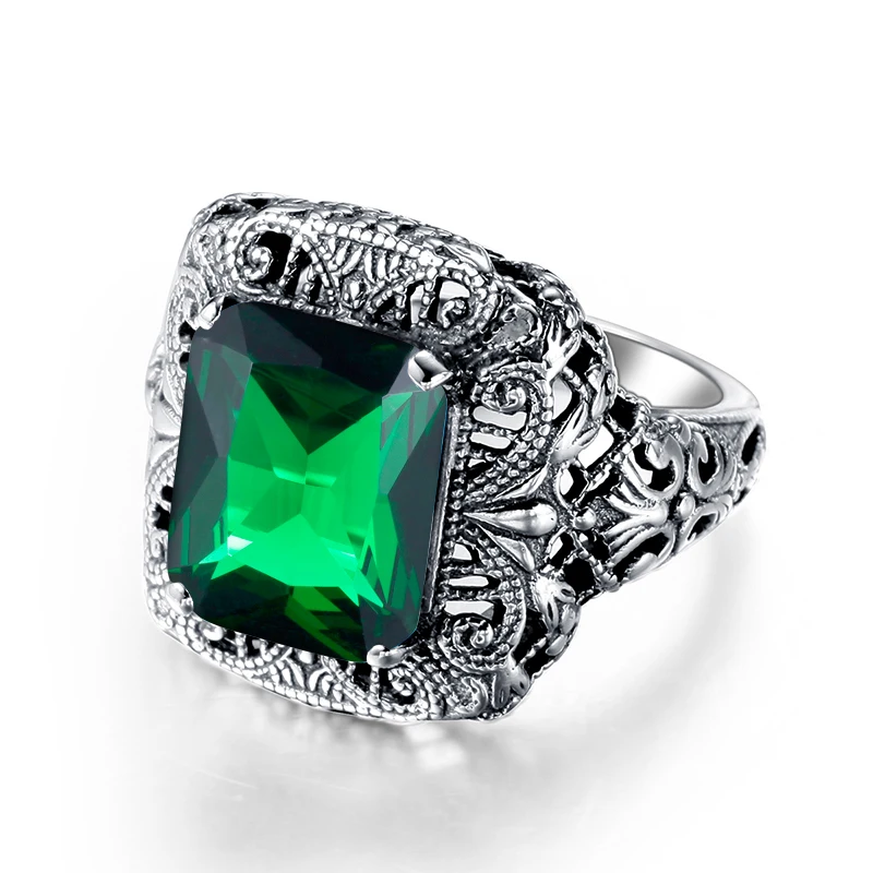 Vintage 925 Sterling Silver Emerald Ring Gothic Filigree Cushion Cut Green Gemstone Antique Cocktail Party Jewelry Anniversary