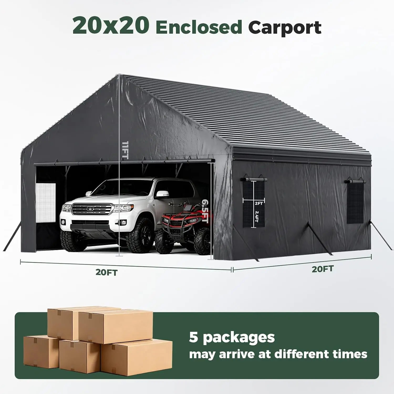 20x20 FT Metal Carport with Sidewalls & 130° Anti-Pooling Roof, Custom