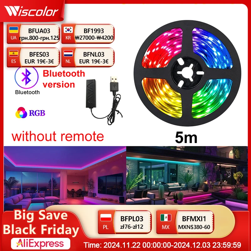 Wiscolor 5V USB Led Strip Light Bluetooth APP Control RGB5050 LED Light ,1-5M Led Tape for TV Backlight Room Christmas Decoratio