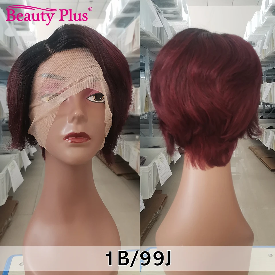 Short Pixie Cut T Part Lace  Wig for Black Women Ombre T1B 99J Wigs 150% Density Burgundy Human Hair  Short Wigs for Daily Use