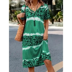 Women's Plus Size Casual Dress Summer Round Neck Printed Short Sleeved Knee Length Skirt