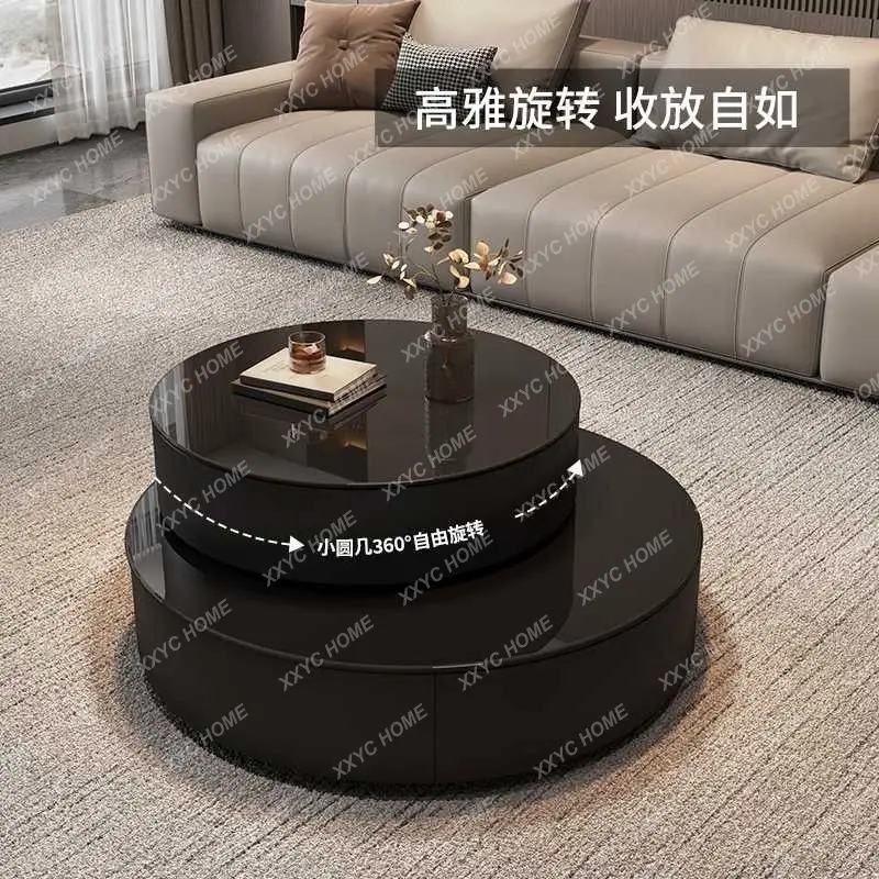 Light luxury round black glass rotating coffee table living room home minimalist coffee table combination