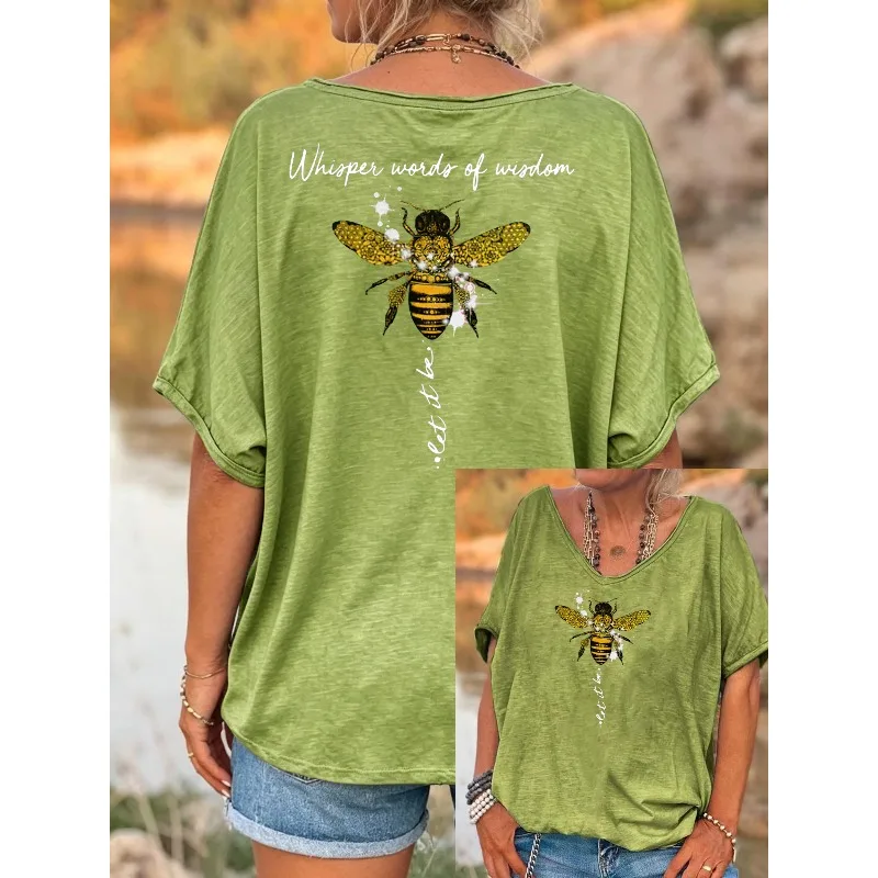ilstile Women's Hippie Let It Bee Print T-Shirts Summer Short Sleeve T Shirt Casual Loose V Neck Tops Tees NEW