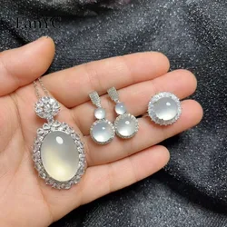 925 Silver Inlaid with Natural High Ice White Agate Pigeon Egg Inlaid with Diamond Jade Necklace Pendant Earrings Ring