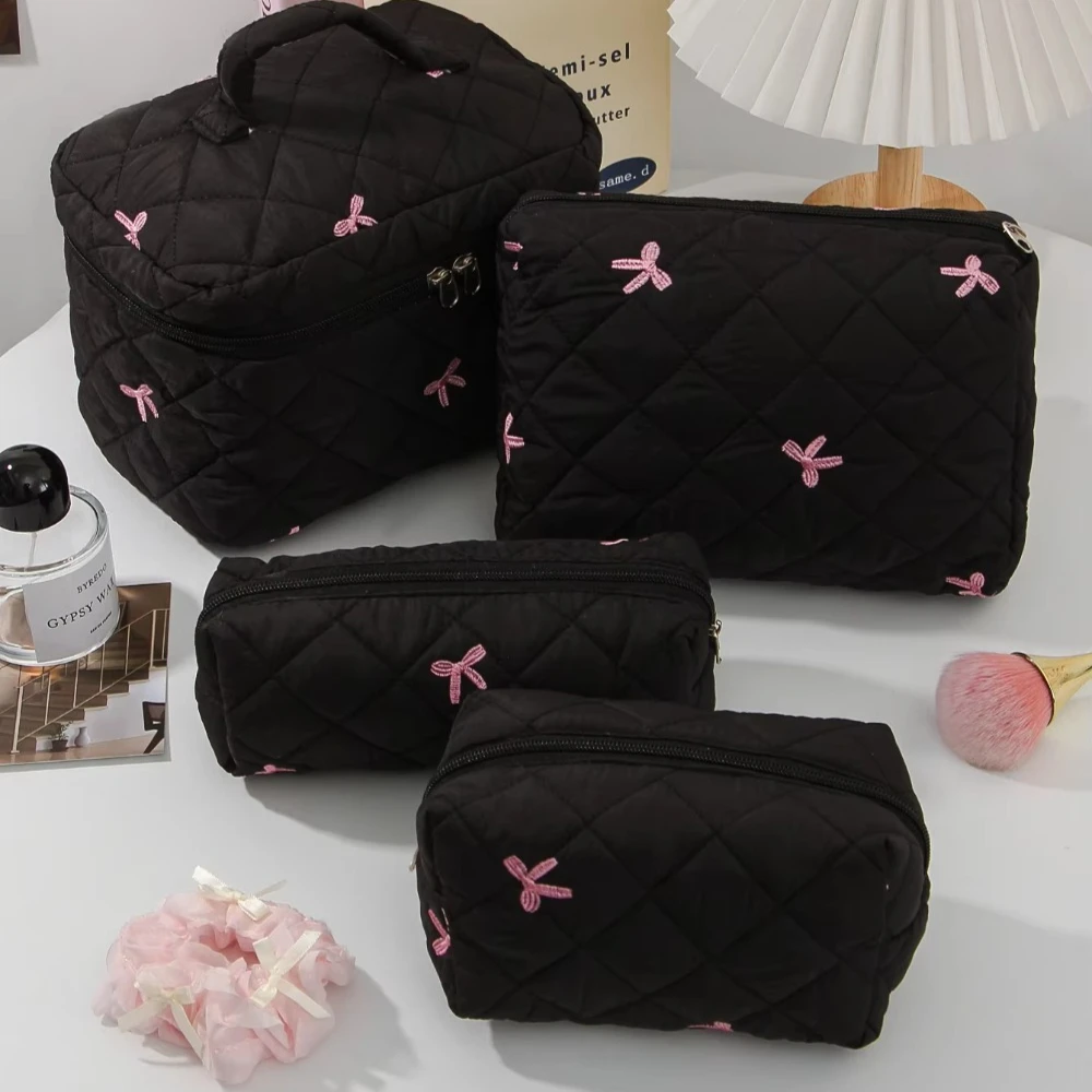 Black Women Portable Makeup Bag Large Capacity Pink Bow Quilting Cosmetic Pouch Handbag Ladies Travel Toiletry Storage Bag