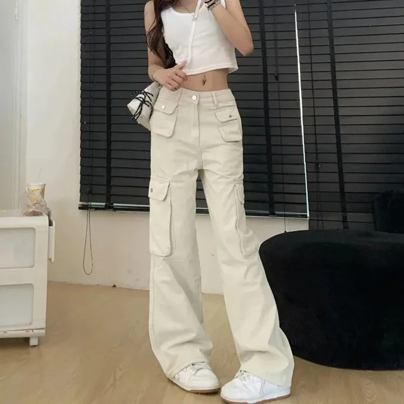 Damskie klasyczne jeansy w kolorze morelowym z prostymi nogawkami, spodnie cargo z wysokim stanem w stylu streetwear dla dziewcząt, modne spodnie dżinsowe w stylu casual dla kobiet.