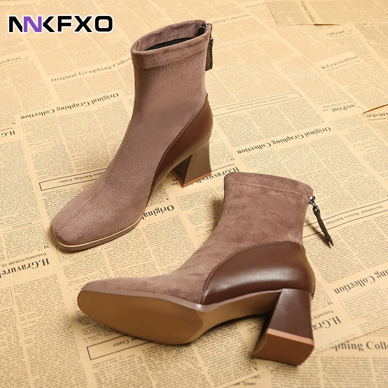 

Women's New Fashion Ankel Boots Female Autumn Winter Rear Zipper Boots Square Toe Square Heels Boots British Style Boots QB420