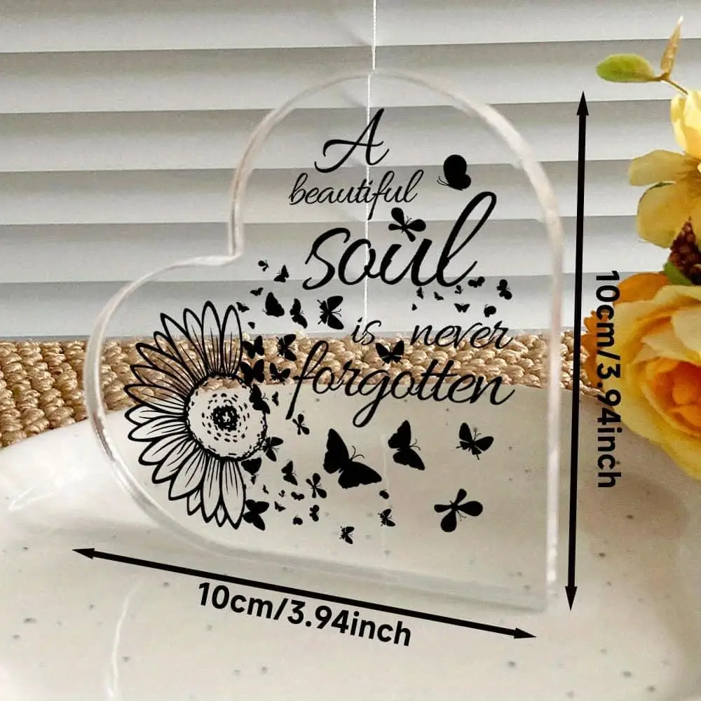 Heart‑Shaped Acrylic Plaque A Beautiful Soul Is Never Forgotten Sunflower Butterfly Silhouette Freestanding Memorial Sympathy Keepsake Gift