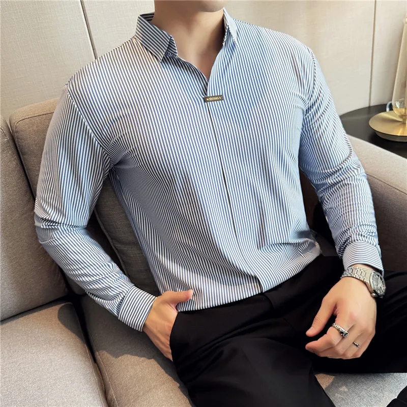 Men Stripe Polo Shirt 2024 Autumn British Style Ice Silk Solid Casual High Elasticity Slim Fit Long Sleeves T-shirt Men Clothing