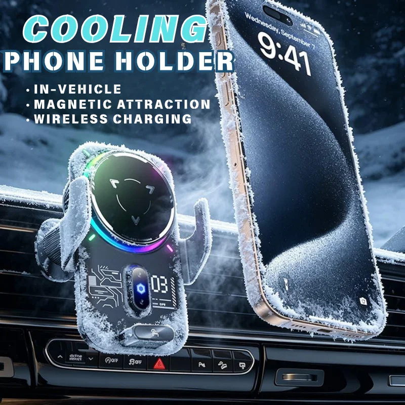 2-in-1 Magnetic Car Phone Holder Semiconductor Cooling 25W Wireless Charger Auto Induction RGB Light Universal Car Accessory